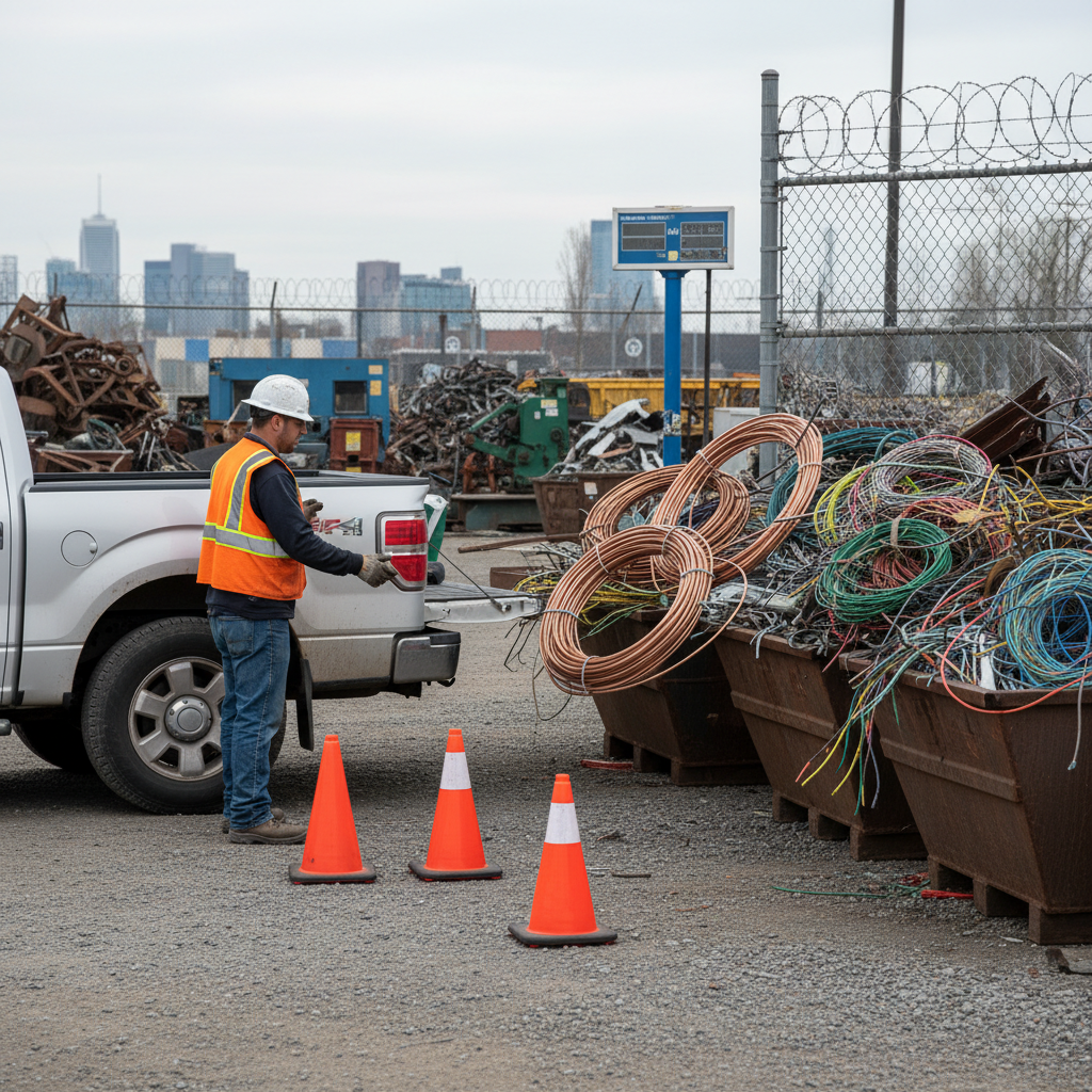 Pickup truck unloading sorted copper pipes and insulated wire at an Etobicoke scrap yard entrance near Rexdale and HWY 27