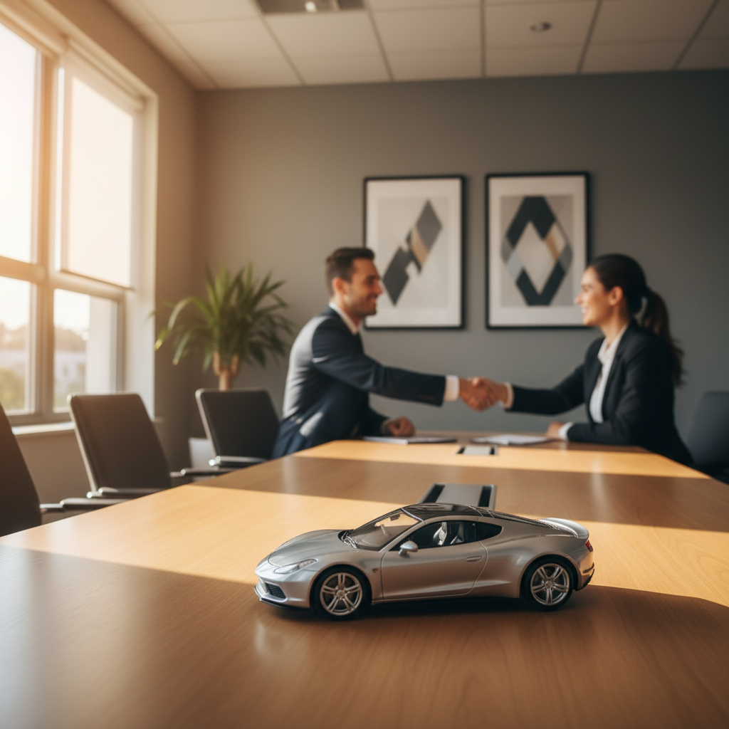 Office scene with small model car symbolizing broker-assisted auto insurance comparison in Ontario