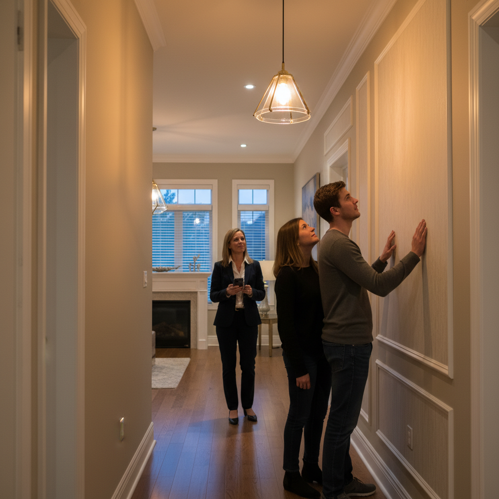 Small group property tour in an Ontario townhouse hallway, coordinated in real time through a buyer WhatsApp Community