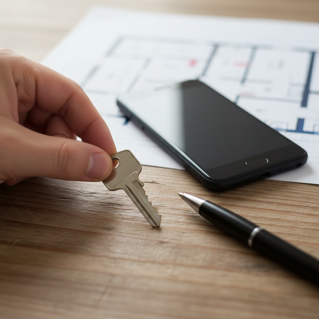 Close-up of a house key beside a smartphone, representing how WhatsApp Communities help buyers act quickly on Ontario real estate opportunities