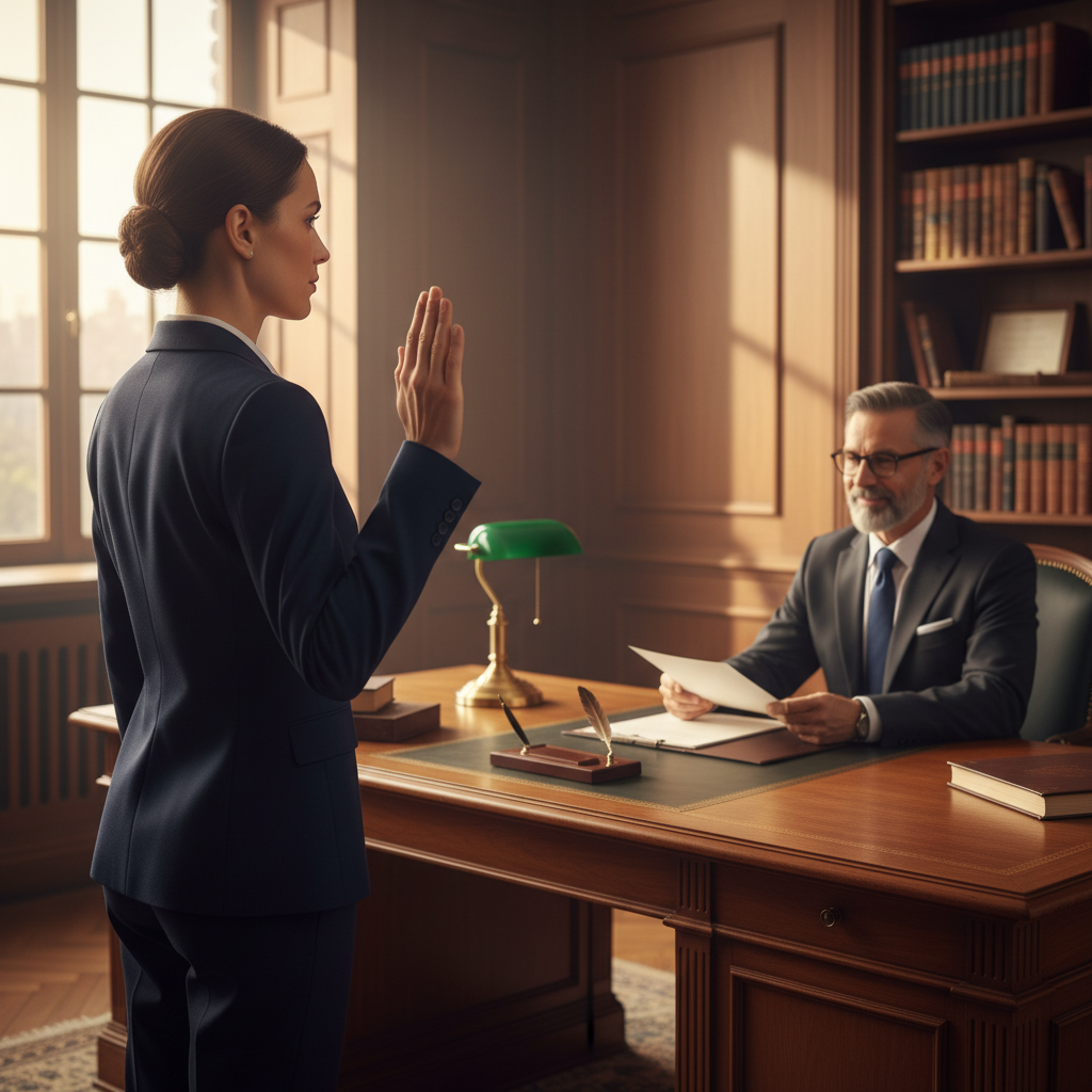 Oath being taken for an affidavit in a Toronto-area notary office, person raising right hand
