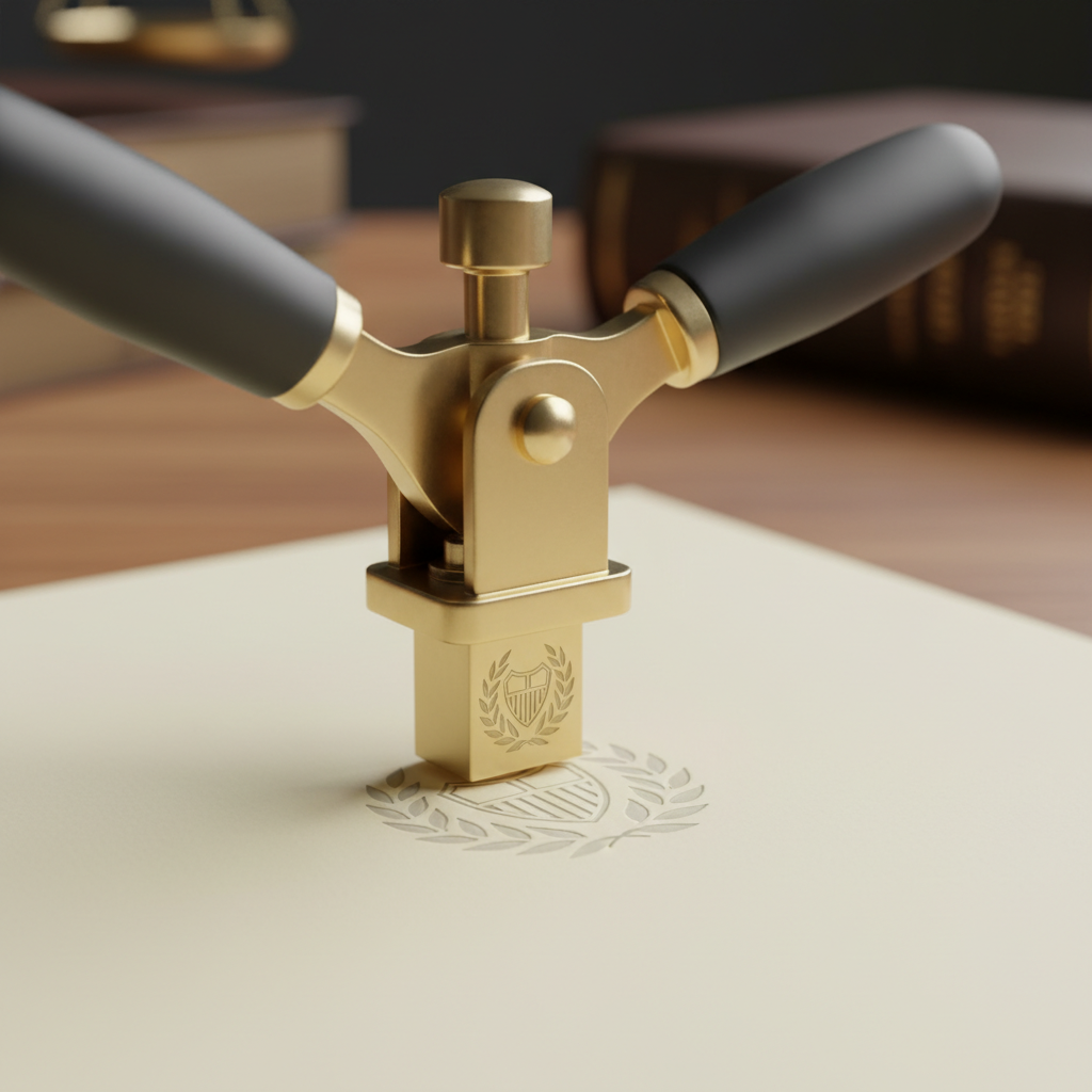 Close-up of notary embosser sealing an affidavit document in Etobicoke, Toronto law office
