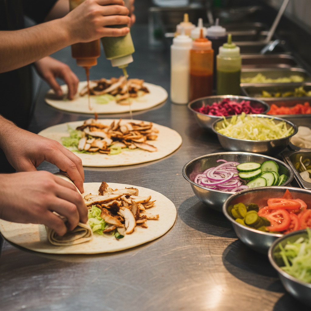 Close-up of shawarma wraps assembled with fresh vegetables and sauces for Toronto corporate catering