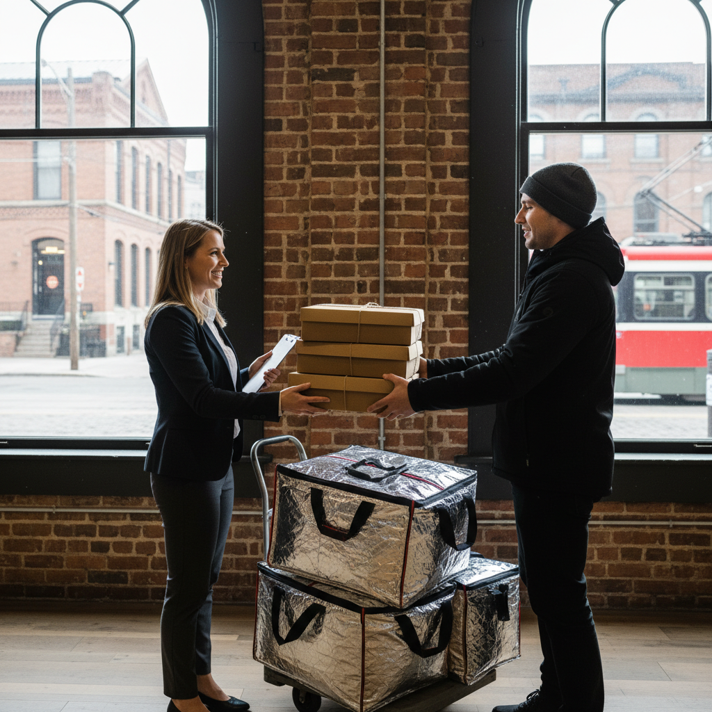 Catering delivery in an Old Toronto office lobby with insulated bags and boxes being handed to a coordinator