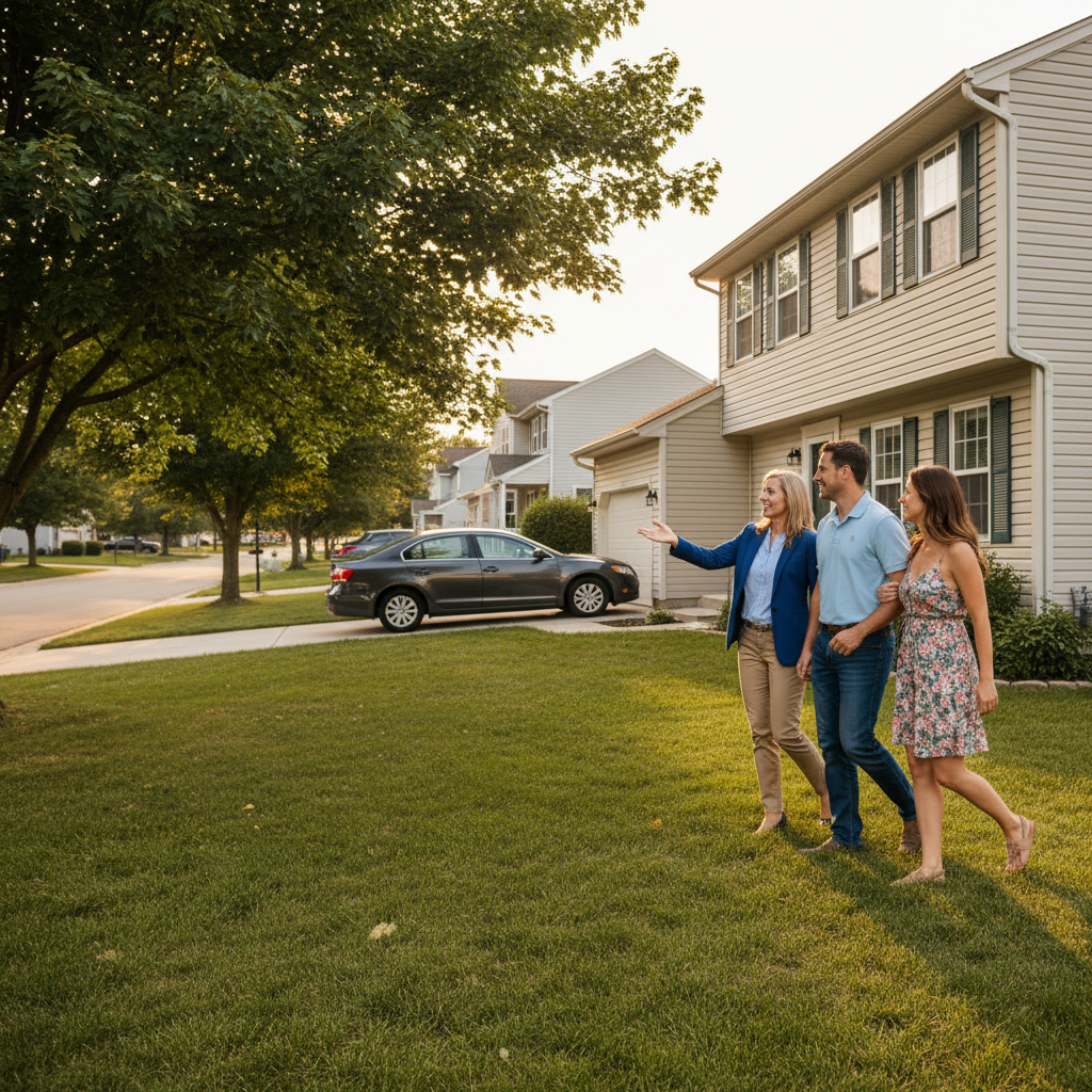 Brampton realtor touring a detached suburban home exterior with clients while discussing how to choose a real estate agent
