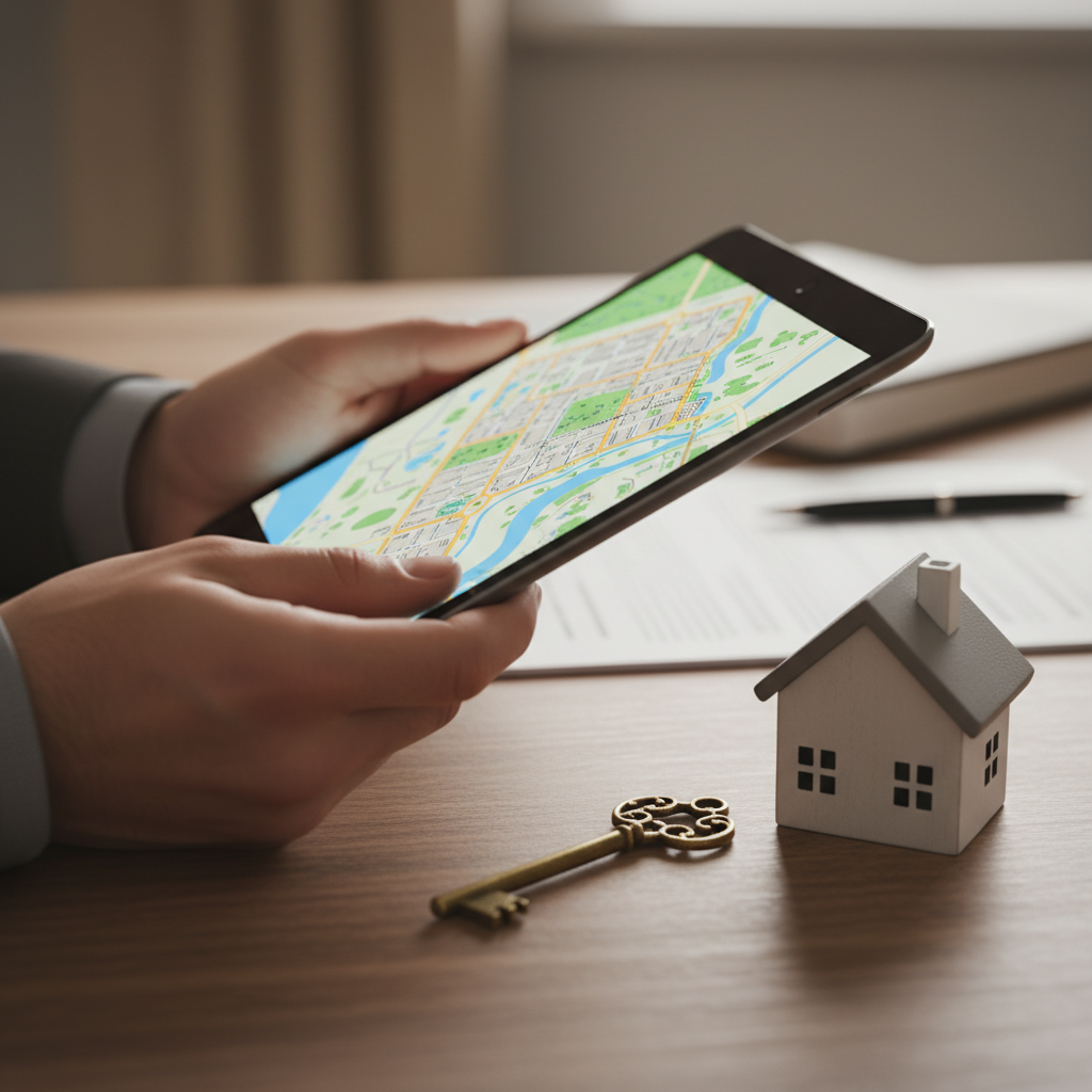 Close-up of a real estate agent reviewing a neighborhood map and keys while evaluating how to choose a real estate agent