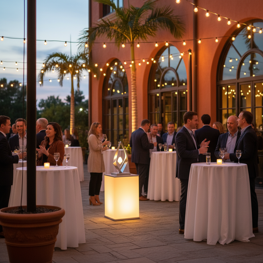 Outdoor patio networking scene suitable for a product launch venue event in Mississauga