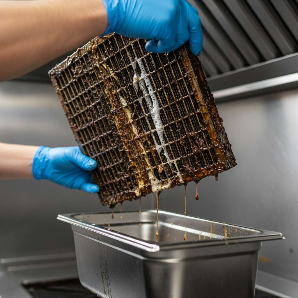 Close-up of greasy baffle filter during kitchen hood maintenance in a commercial Ontario restaurant