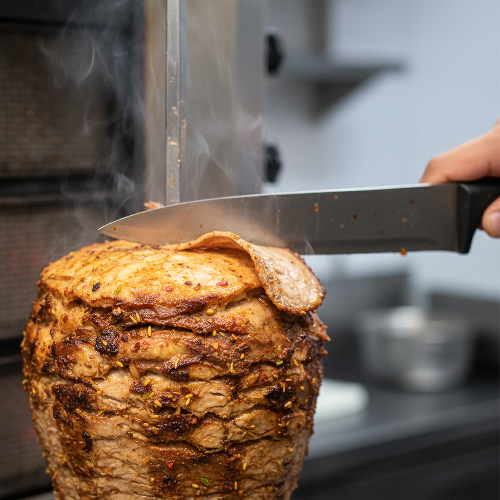 Close-up of shawarma shaved from a rotisserie with crisp edges and visible spices, perfect for Toronto shawarma fans