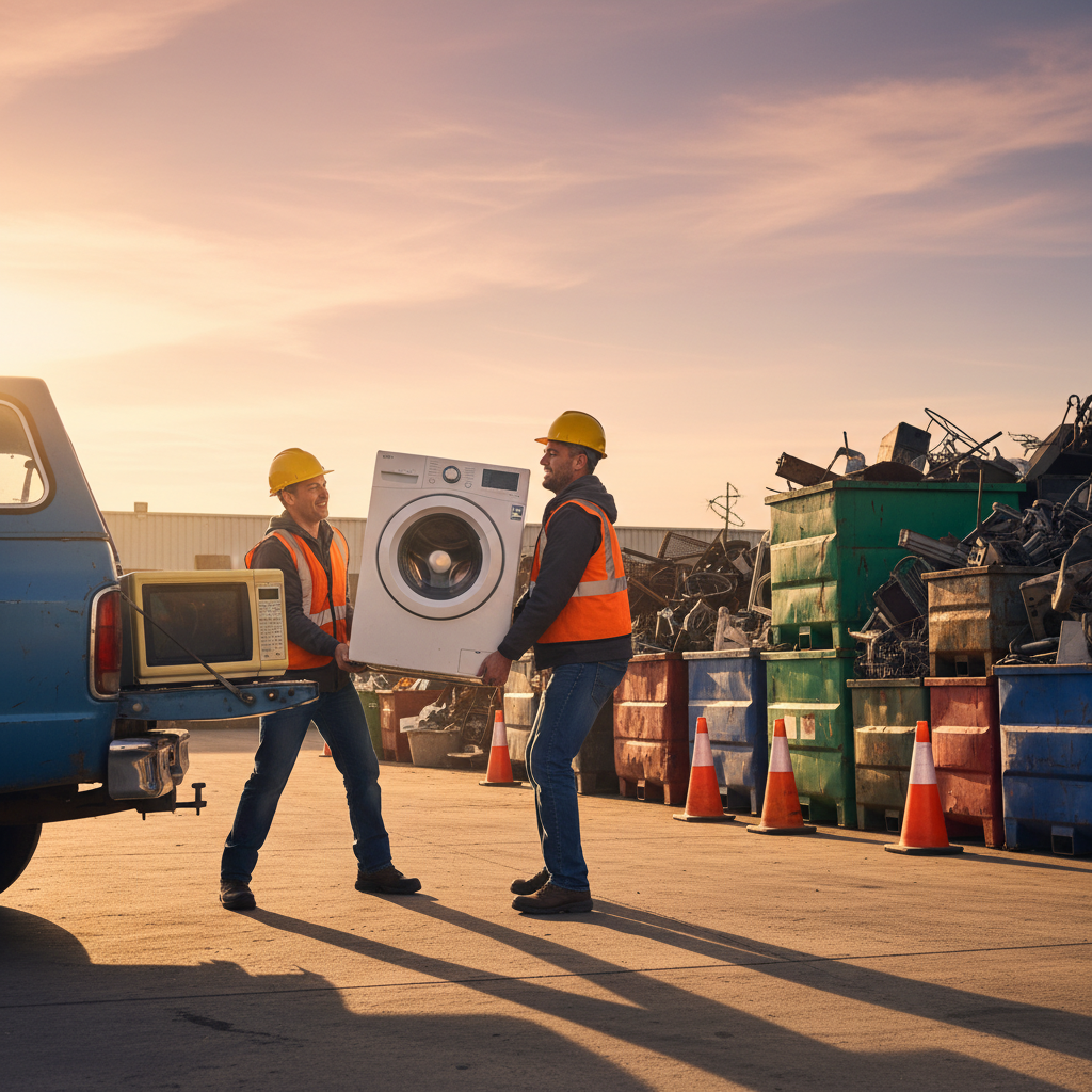 Homeowner and yard staff loading a washer and microwave at a scrap metal drop-off bay in Etobicoke