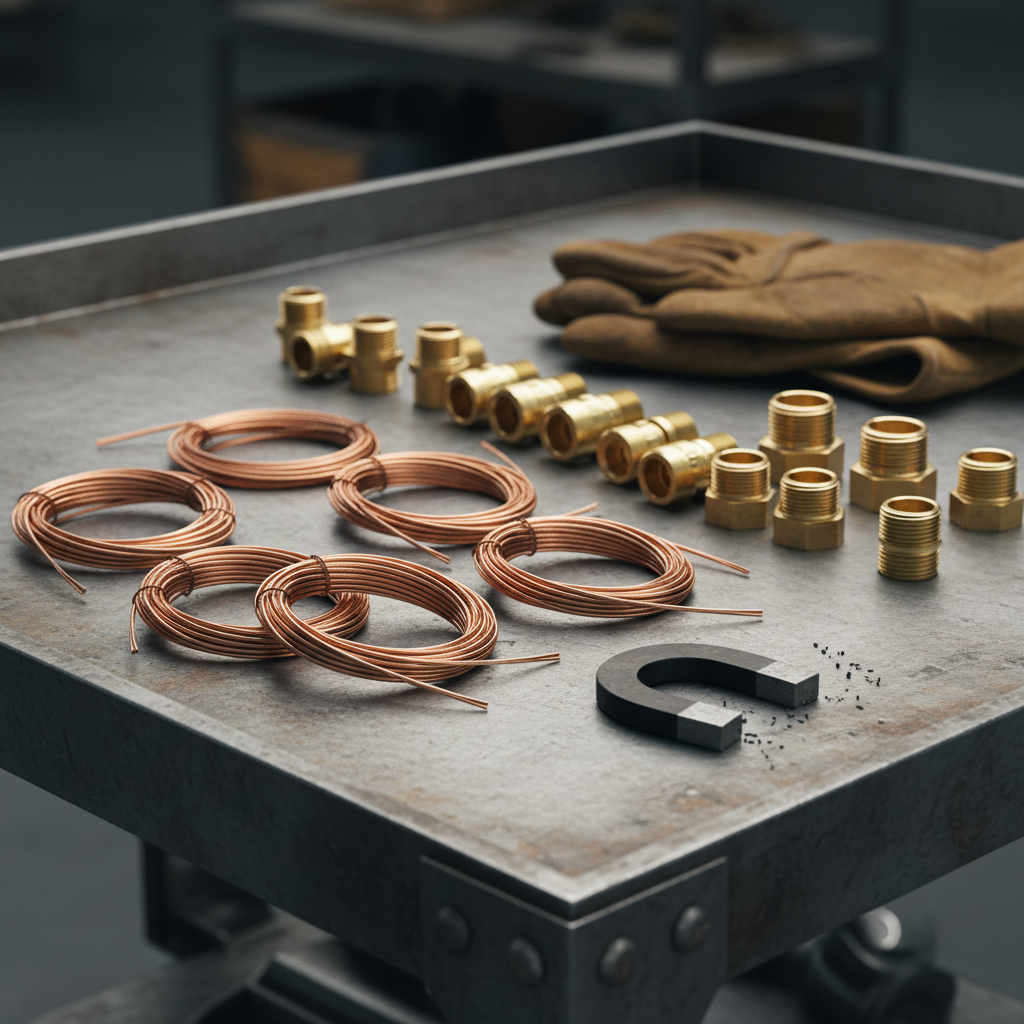 Close-up of bundled stripped copper wire and brass fittings on a sorting table at a scrap metal yard in Etobicoke Toronto