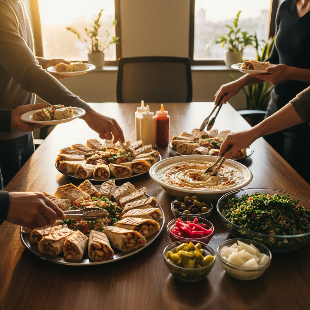 Office catering scene with shawarma wraps, salads, pickles, and sauces laid on a conference table for a Toronto team lunch