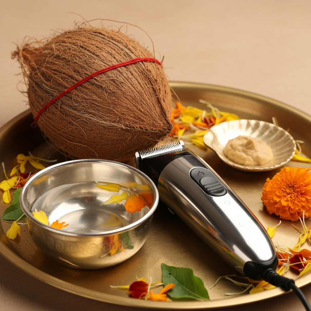 Mundan sanskar essentials on a brass tray: coconut, kalava thread, sandalwood paste, holy water, marigold petals, and a sanitized trimmer ready for a child’s first haircut