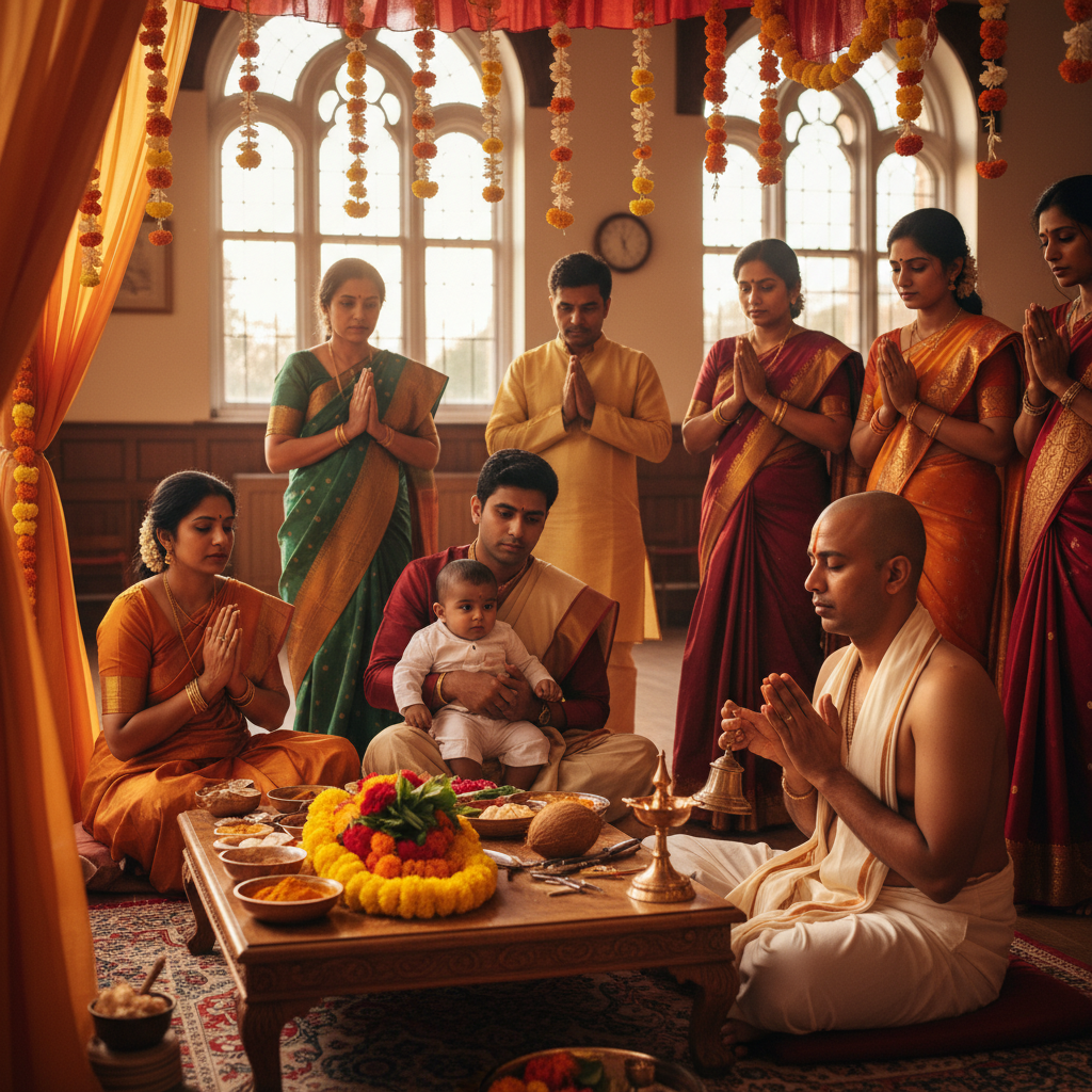 Family in Greater London prepares for a mundan ceremony at a small hall, with priest, garlands, and offerings ready for the child’s first haircut