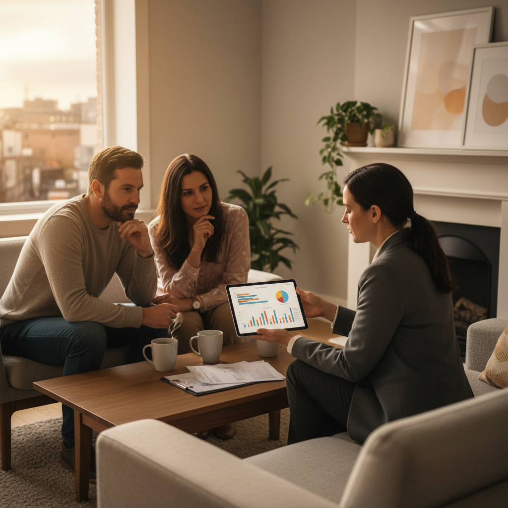 Australian couple reviewing refinance options with a broker to compare rates and features