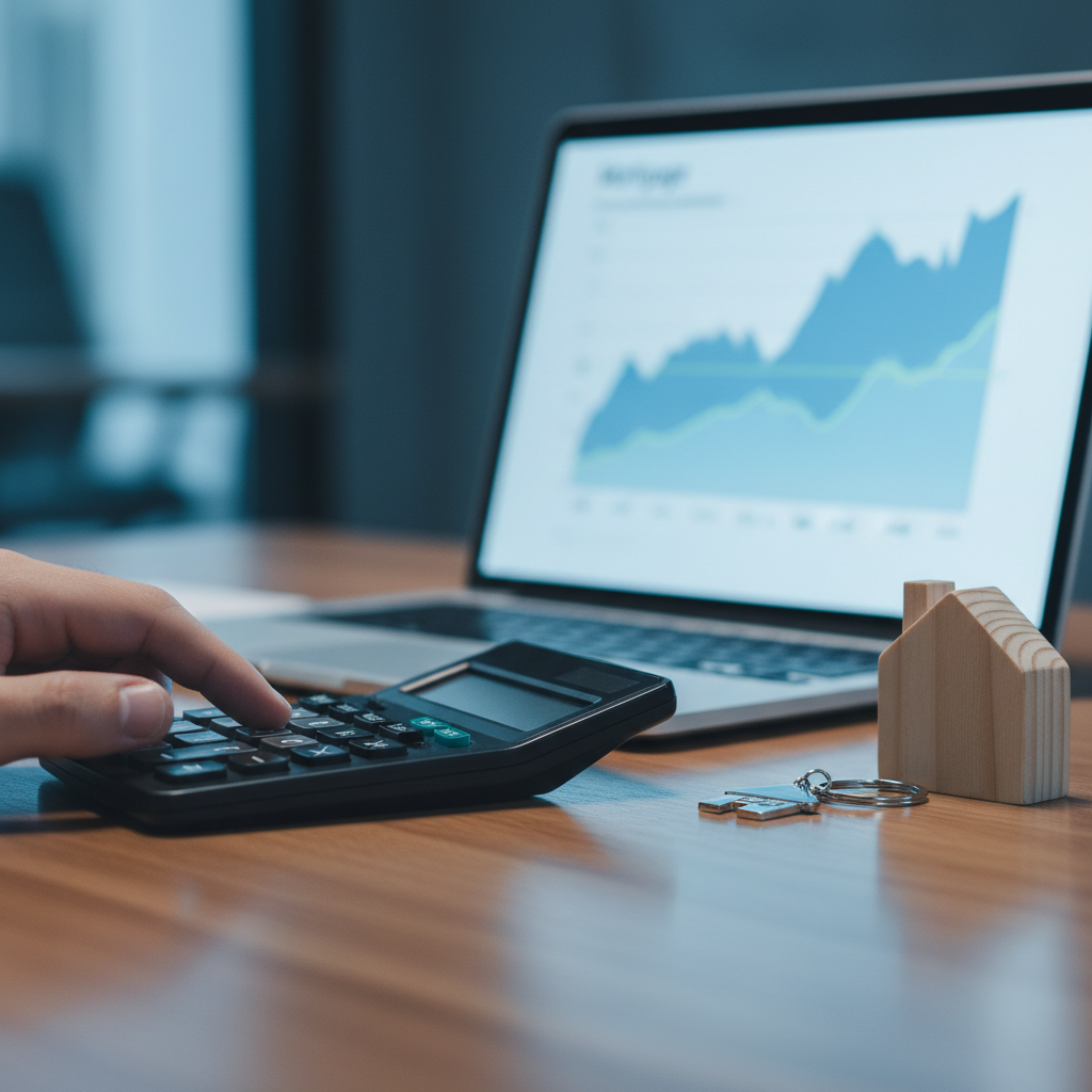 Close-up of calculator and laptop used to compare refinance rates and mortgage features