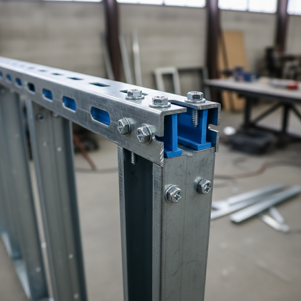 Close-up of slotted deflection track detail for drywall and metal studs, showing accurate head-of-wall movement joint