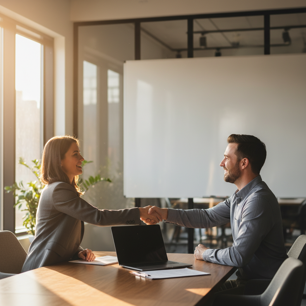 Toronto advisor and owner-operator handshake during a launch planning consultation focused on incorporation, permits, funding, and procurement readiness