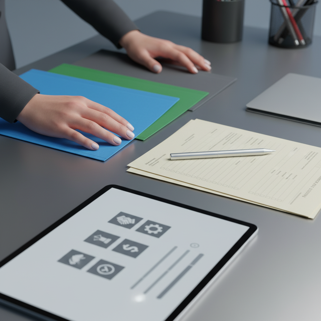 Organized business launch materials for owner-operators: folders, permit forms, and a tablet checklist for sequencing incorporation, permits, funding, and procurement
