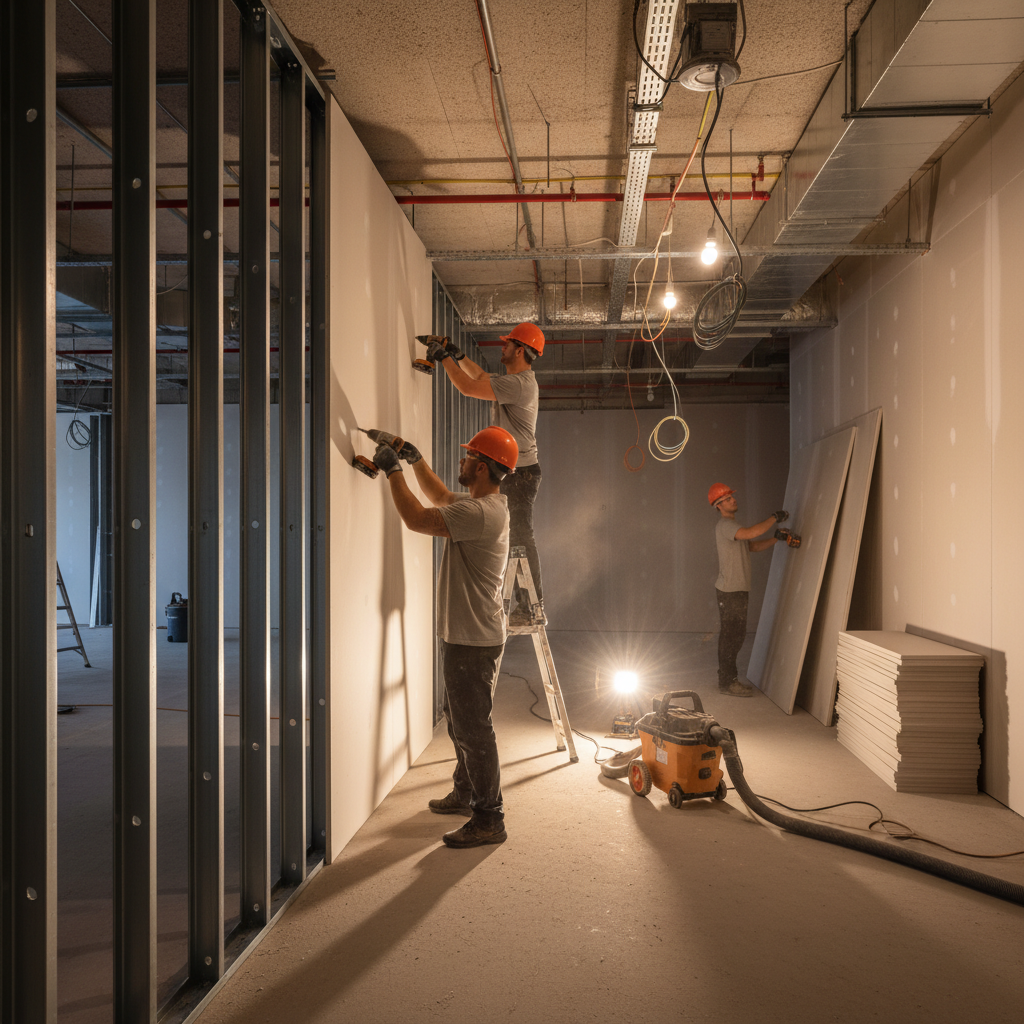 Crew installing drywall panels to light gauge steel studs in a commercial interior, demonstrating safe fastening and dust control
