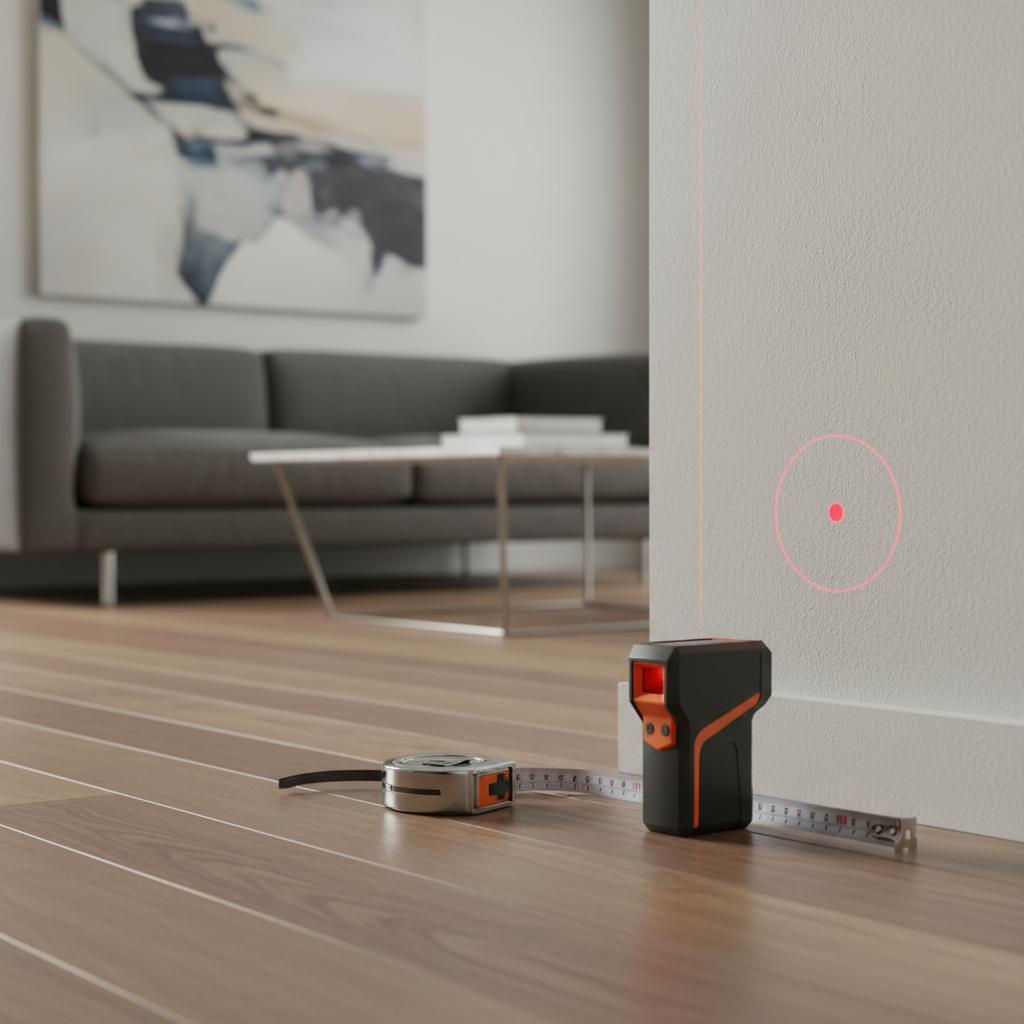 Close-up of valuation tools used in a CMA: laser measurer and tape measure on hardwood floor