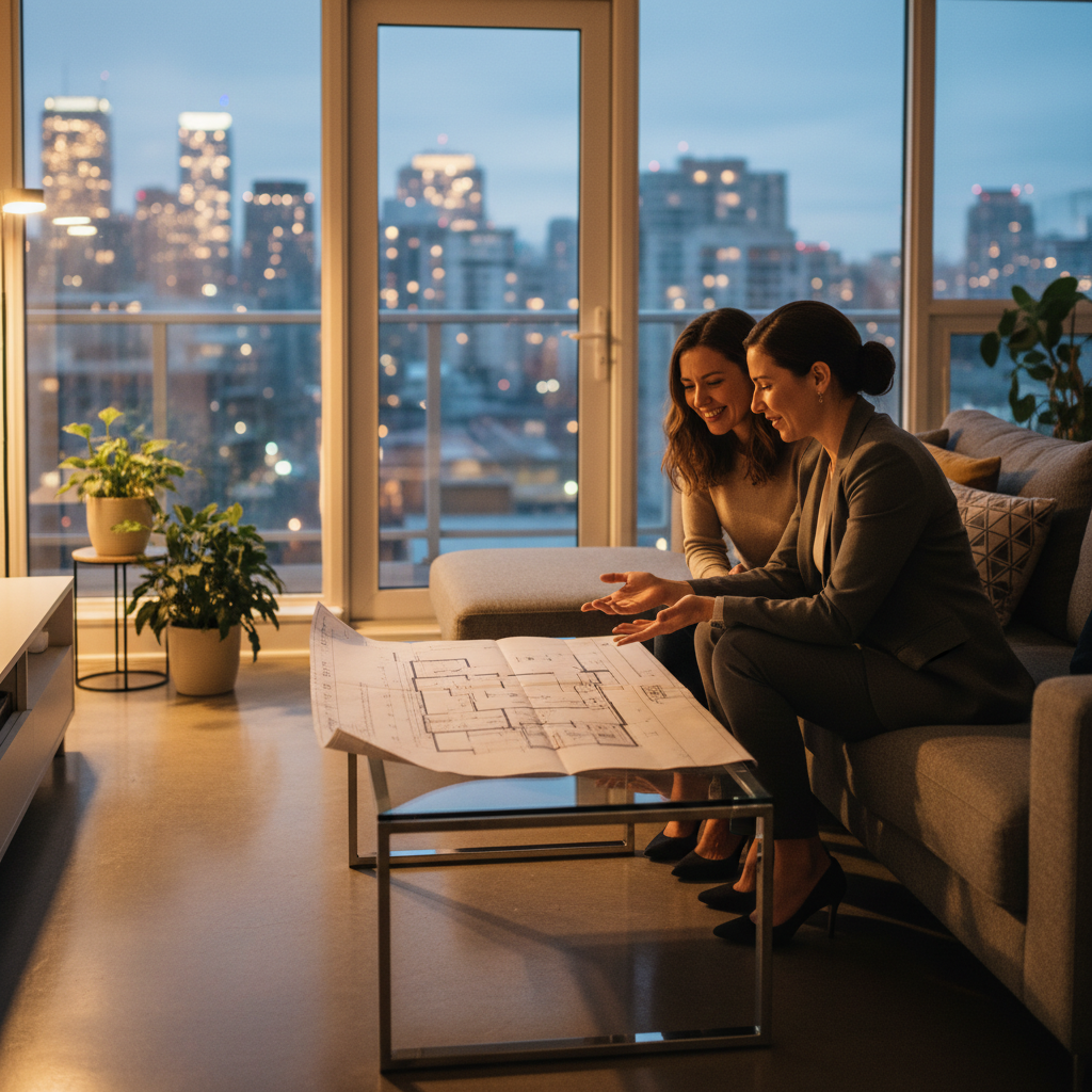 Real estate consultation in a modern North York condo, reviewing floor plan and valuation strategy