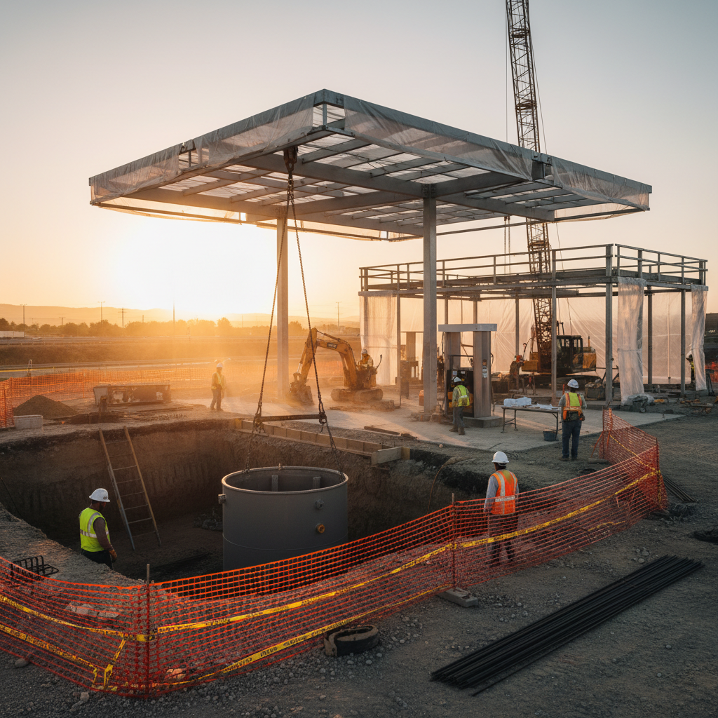 Gas station planning and design in Texas showing steel framing and safe excavation zones