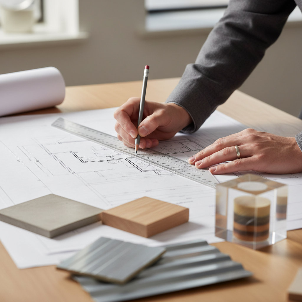 Close-up of planning and design blueprint review with measurements for Texas construction projects