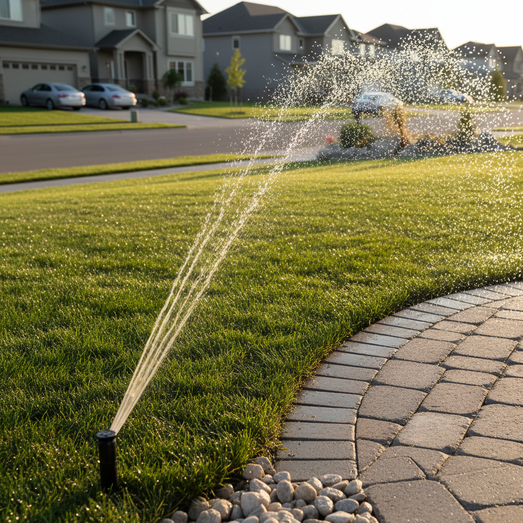 Sprinklers watering newly laid sod next to an interlocking walkway and stone edging in a Mississauga front yard