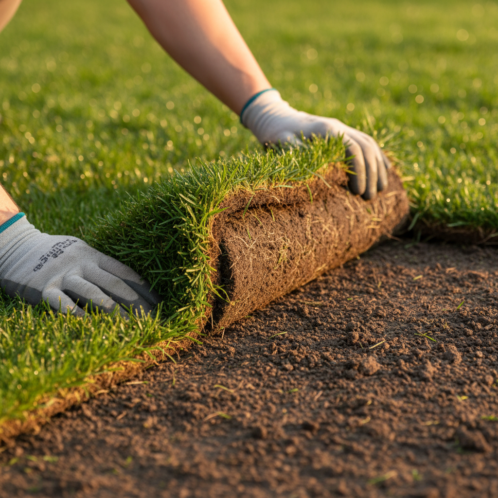 Close-up of premium sod being unrolled onto graded soil in Mississauga with tight seams and visible root mat