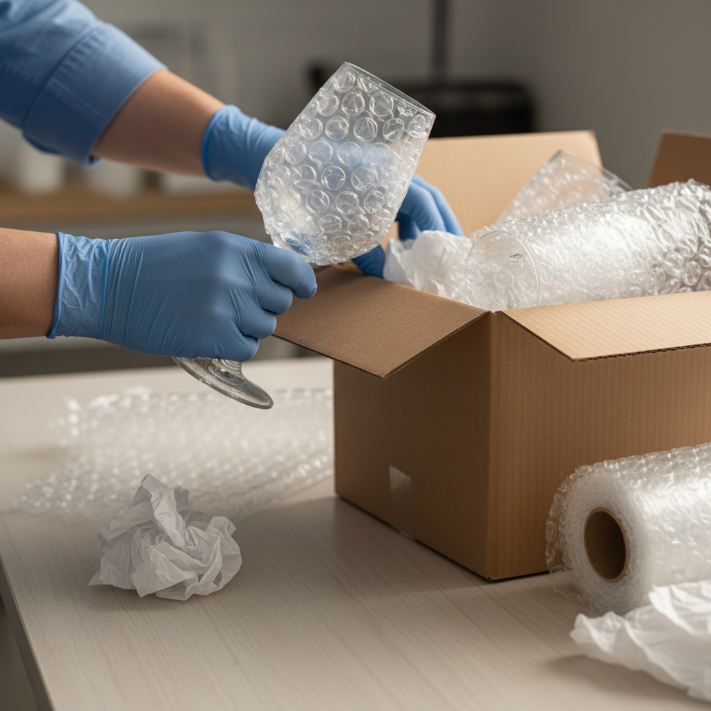 Close-up of professional movers packing fragile glassware with bubble wrap during a Dubai move