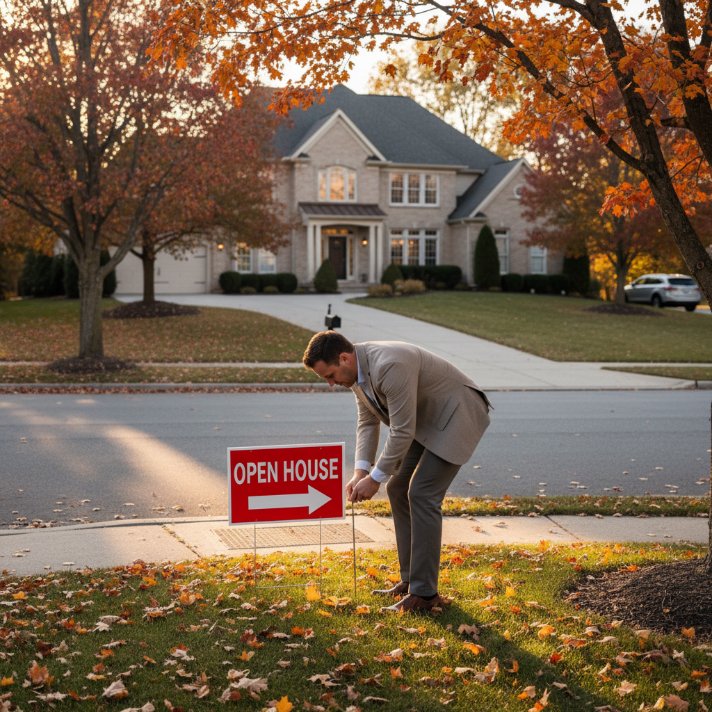 Agent placing open house directional signs at a suburban corner to guide traffic safely toward the property