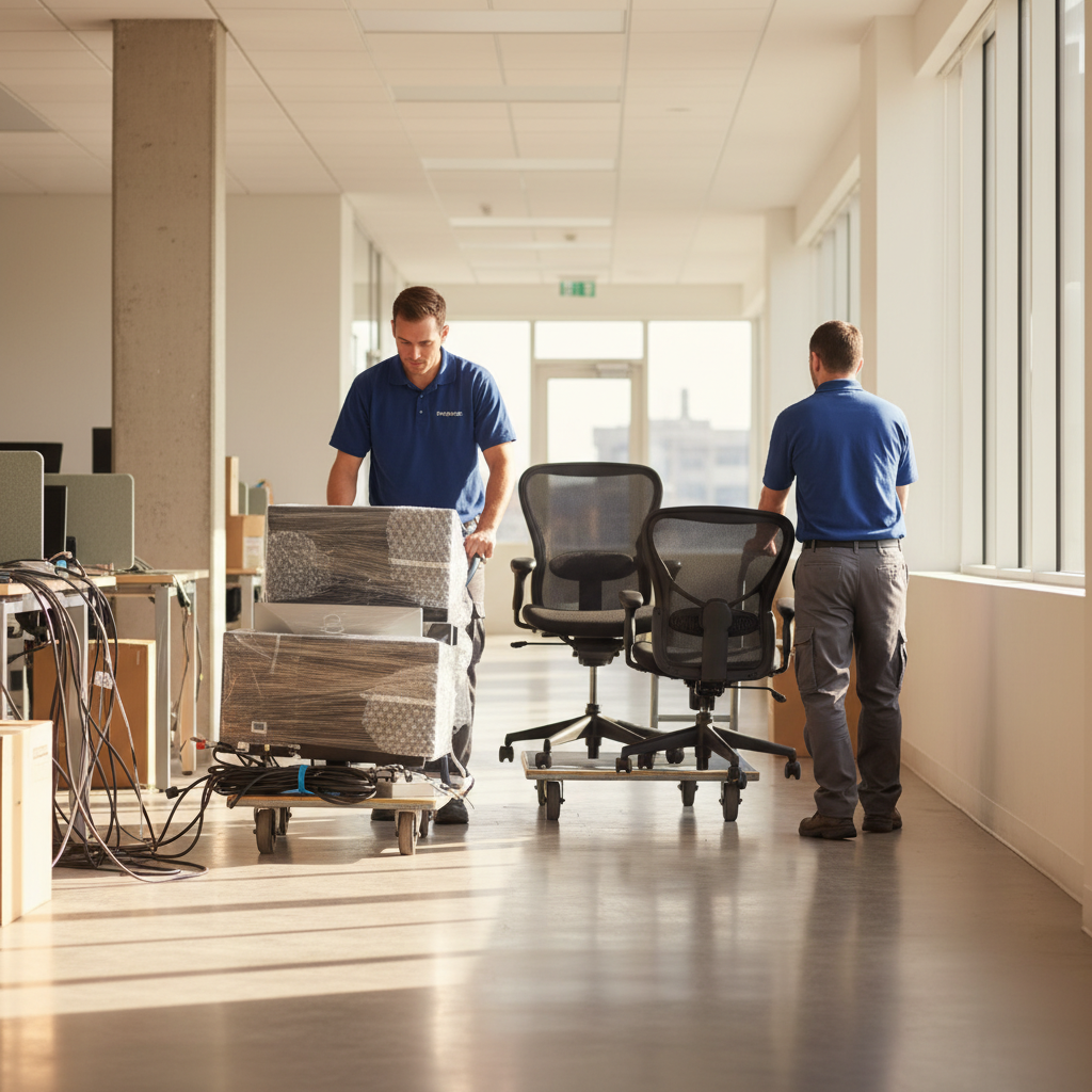 Office relocation scene in Dubai with movers transporting monitors and office chairs on dollies