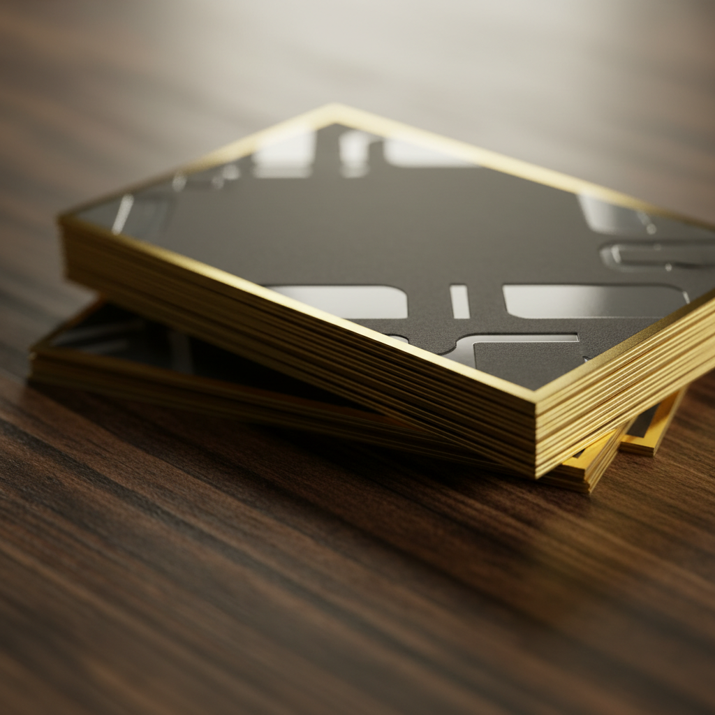 Close-up of luxury realtor business cards with soft-touch, raised spot UV, and gold foil accents for a premium brand impression