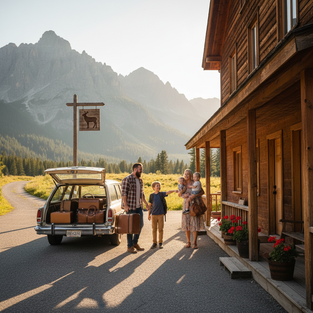 Family unloading luggage near guest rooms with convenient parking at a North Conway motel, illustrating arrival for a special package stay