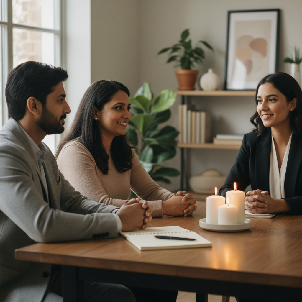 Couple meeting an astrologer in Brampton to finalize their wedding muhurat with practical timing and ritual planning