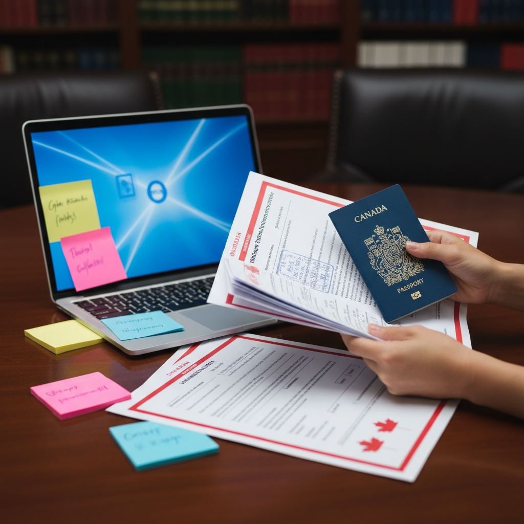 Close-up of Canadian immigration documents and passport prepared by a Brampton immigration lawyer for filing and appeal timelines