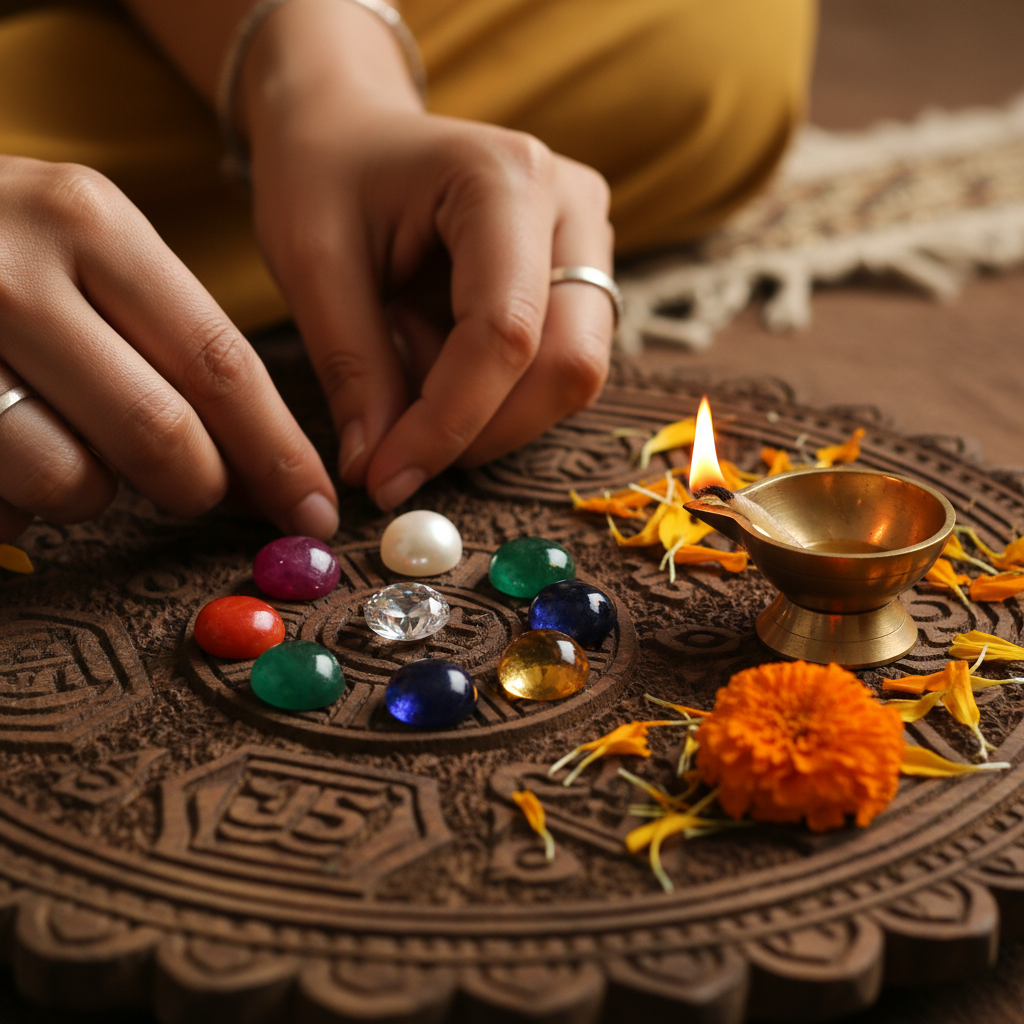 Detail shot of an astrologer arranging navaratna gemstones during muhurat selection for wedding date guidance