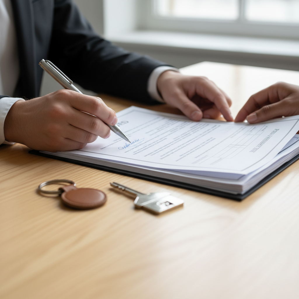 Close-up of signing Ontario real estate title transfer forms with keys on desk in an Etobicoke law office