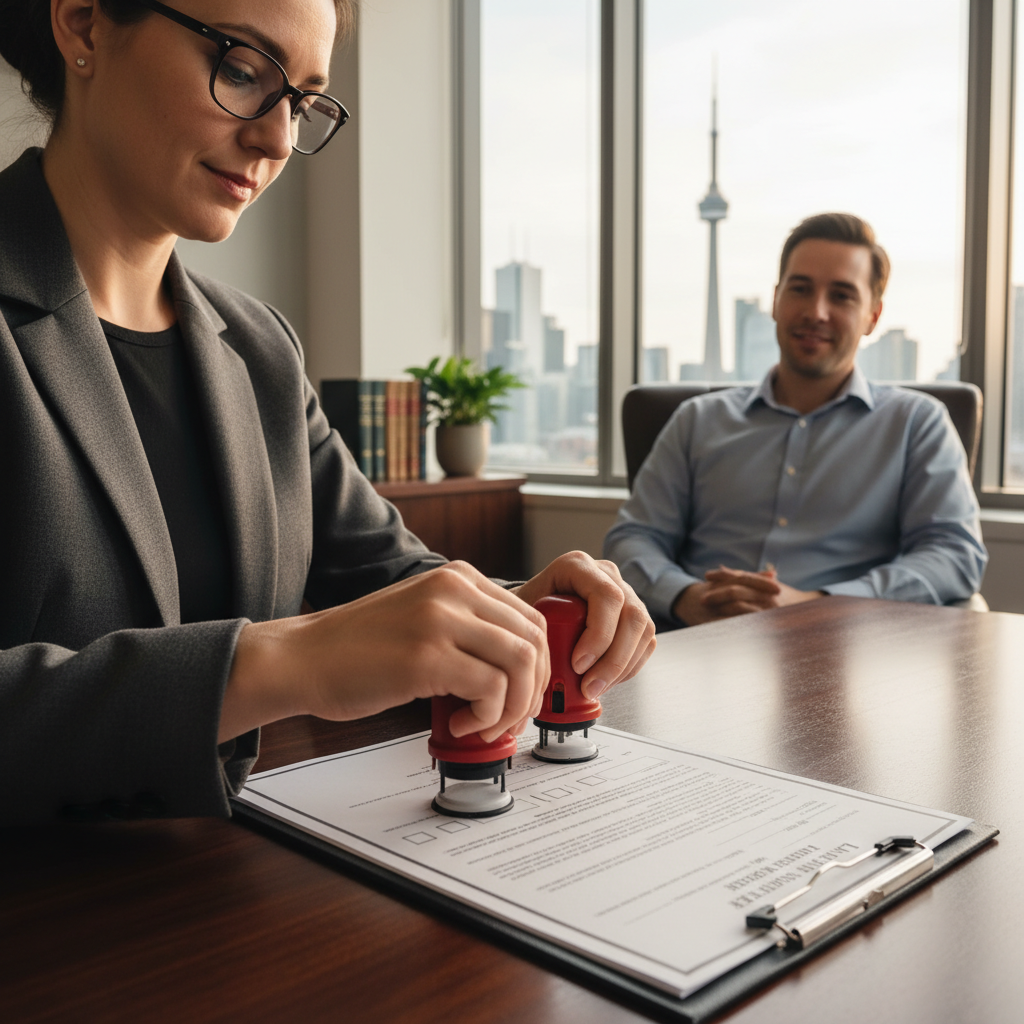 Notary public applying an embossed stamp to a land transfer document in a Toronto-area office during a title transfer appointment