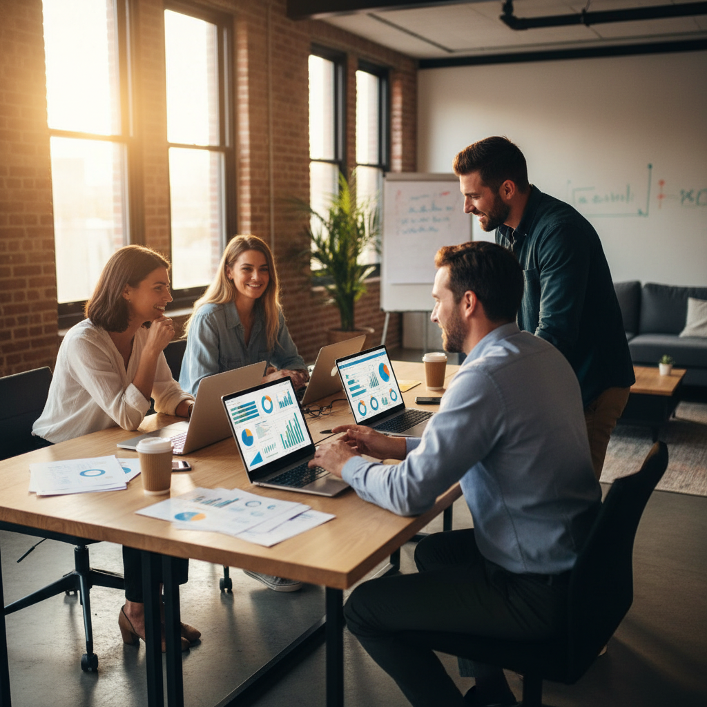 Small business marketing team collaborating around laptops while an SEO automation engine runs in the background