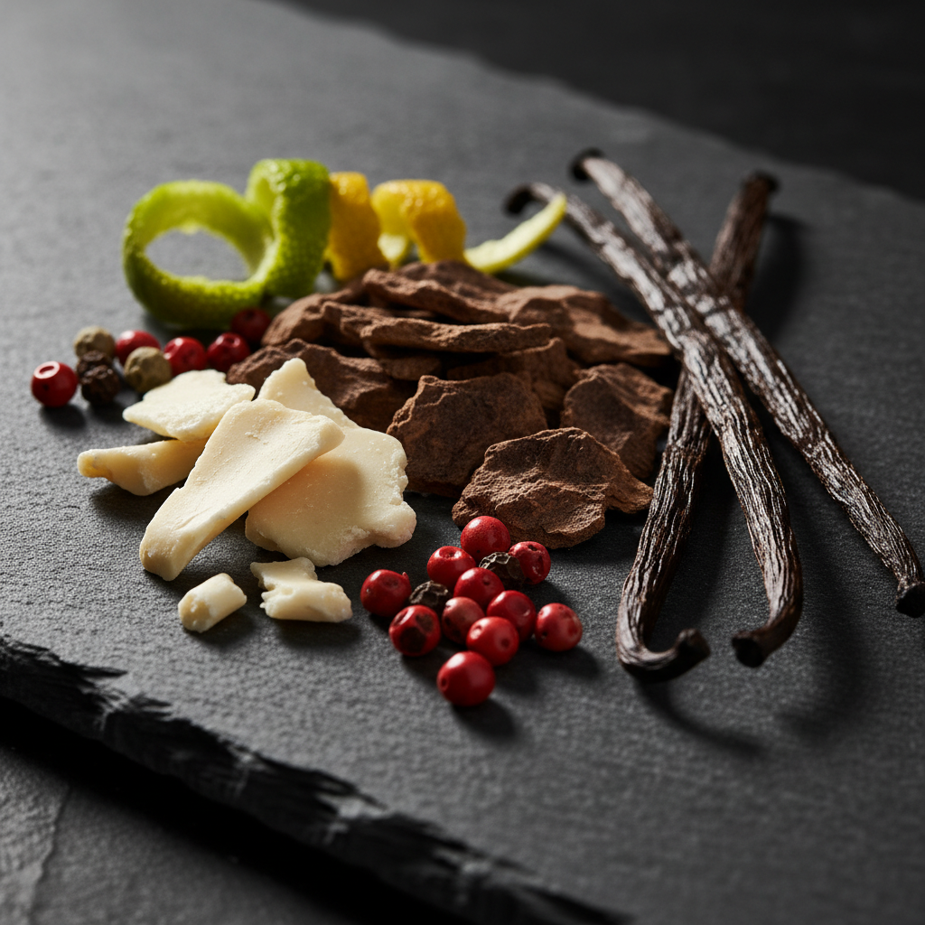 Close-up of premium perfume ingredients like orris butter, oud, bergamot, and vanilla used in luxury fragrance compositions