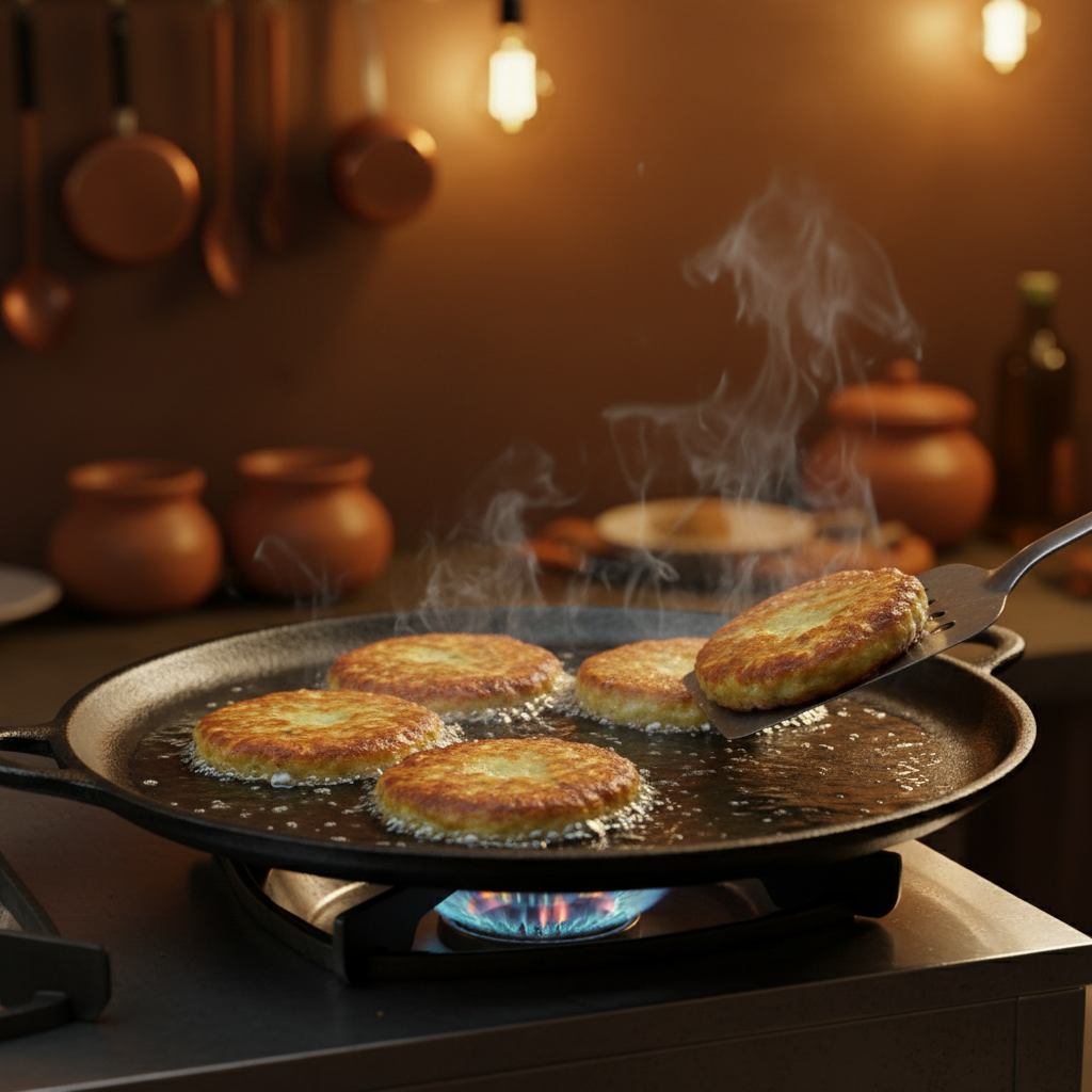 Aloo tikki patties sizzling on a hot griddle (tawa) with golden crust forming