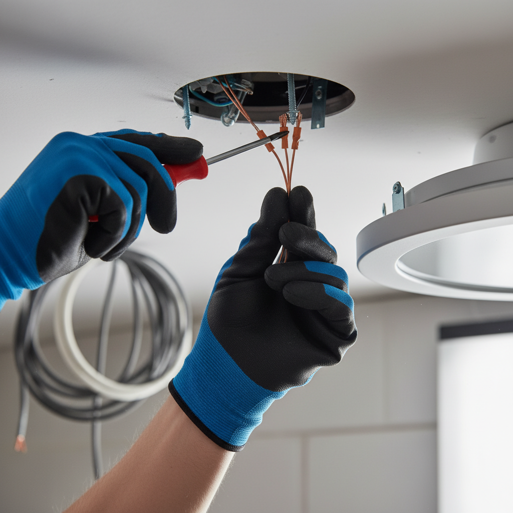 Close-up of a licensed electrician installing a light fixture, used in a home service directory guide to vet pros for real estate tasks