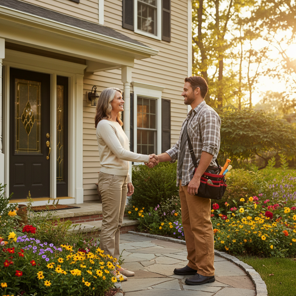Homeowner greeting a contractor at the door, illustrating smooth, scheduled arrivals coordinated through a home service directory