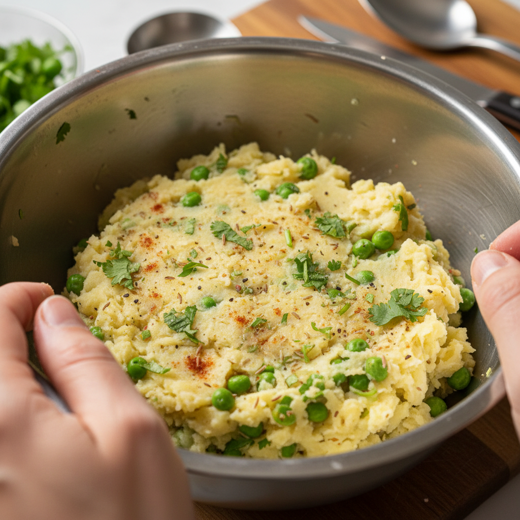 Close-up of seasoned aloo tikki mixture with peas and cilantro being shaped into patties for Indian chaat