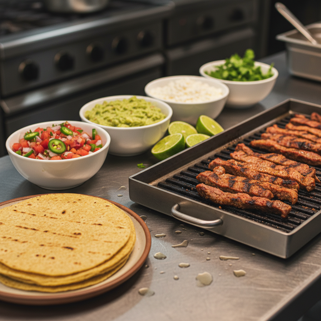 Close-up of a build-your-own taco station with carne asada, warm tortillas, pico de gallo, guacamole, cotija, lime, and cilantro