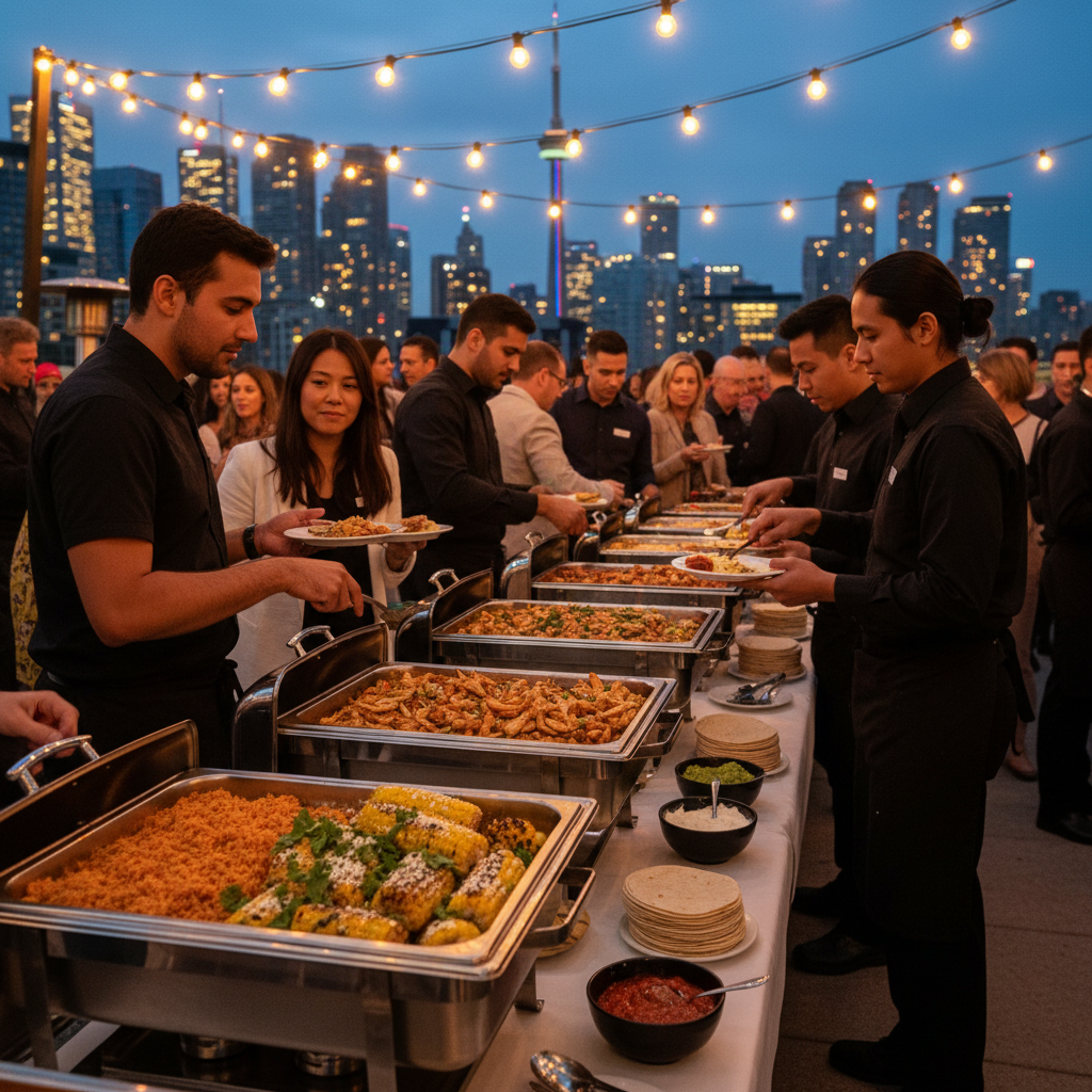 Outdoor evening buffet with Mexican grill favorites in chafers, warm string lights, and servers assisting guests