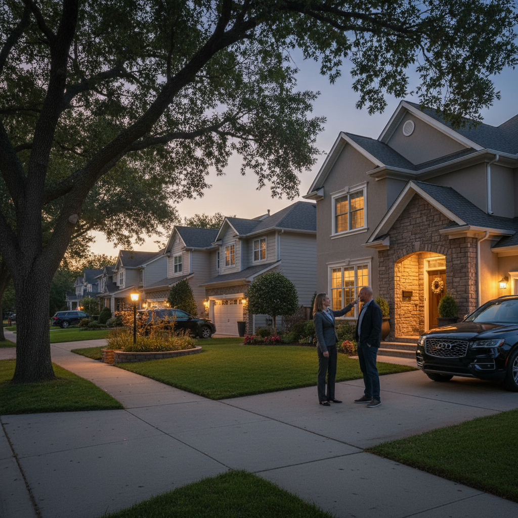 Suburban GTA street at dusk with a realtor pointing out curb appeal and inspection items before an offer
