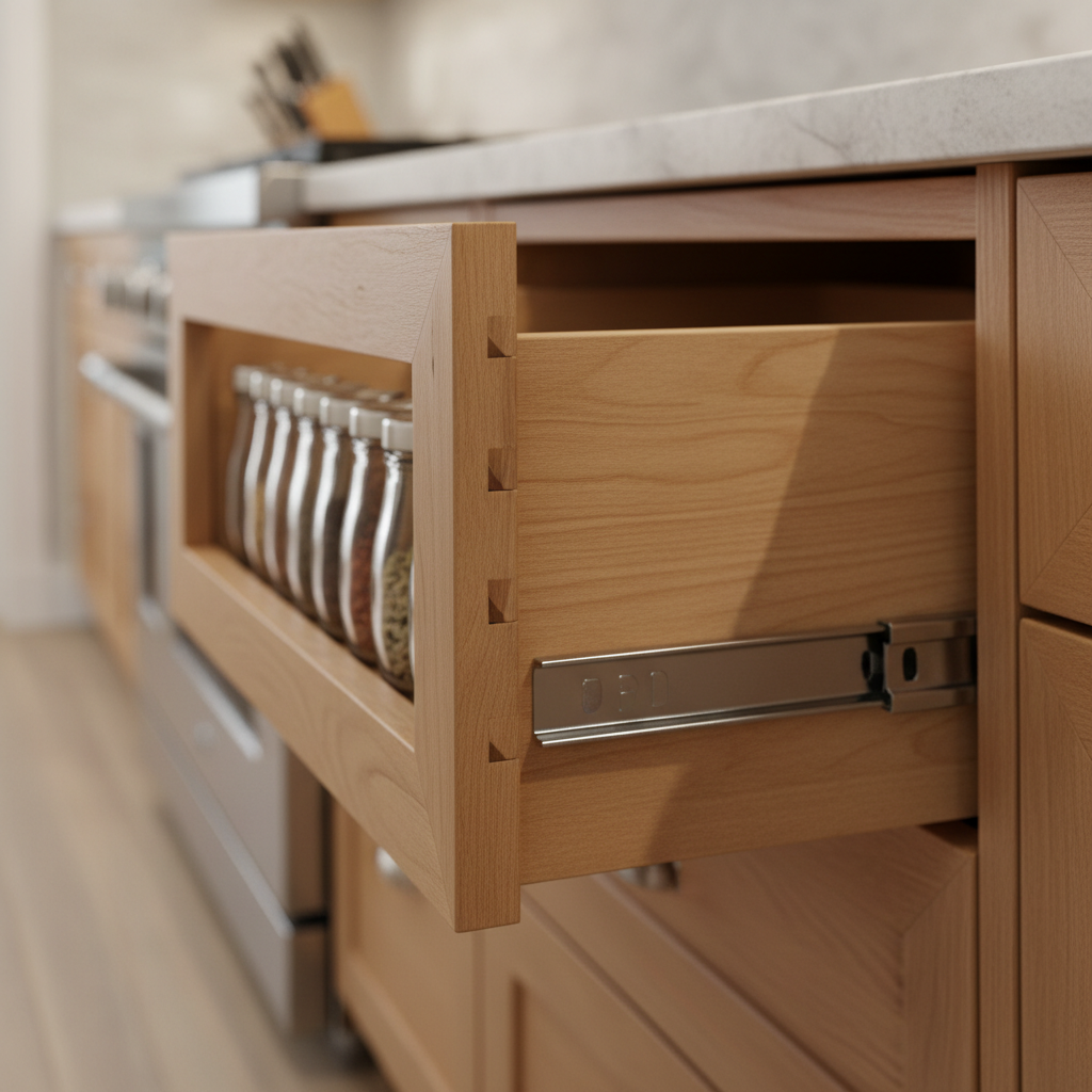 Kitchen Makeovers: Avoid Costly Mistakes in 2026 Now 1 Close-up of dovetail drawer joinery and a spice rack pull-out showcasing craftsmanship in custom kitchen renovations